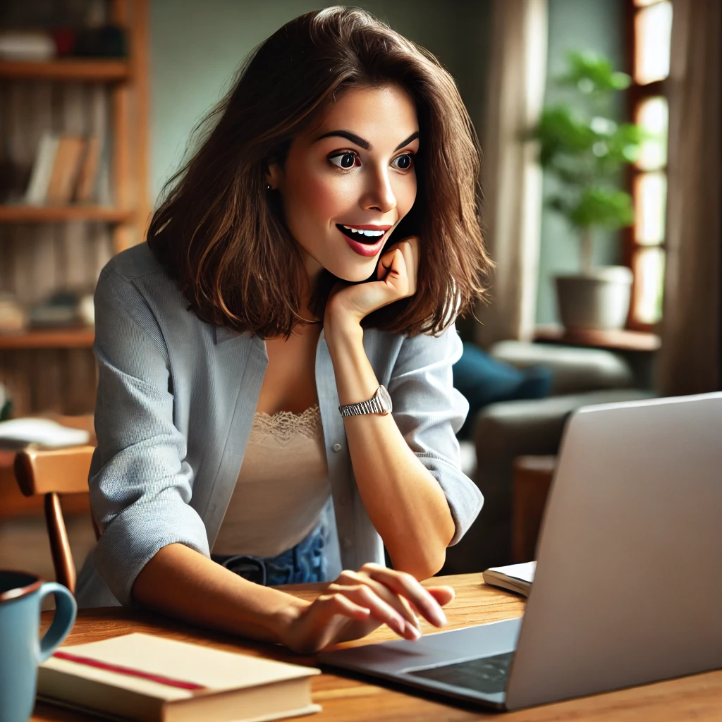 DALLE_2024-10-20_19_31_47_-_A_woman_dressed_in_casual_clothing_sits_at_a_desk_looking_at_a_laptop_with_enthusiasm_and_determination_on_her_face__Her_expression_shows_eagerness_a