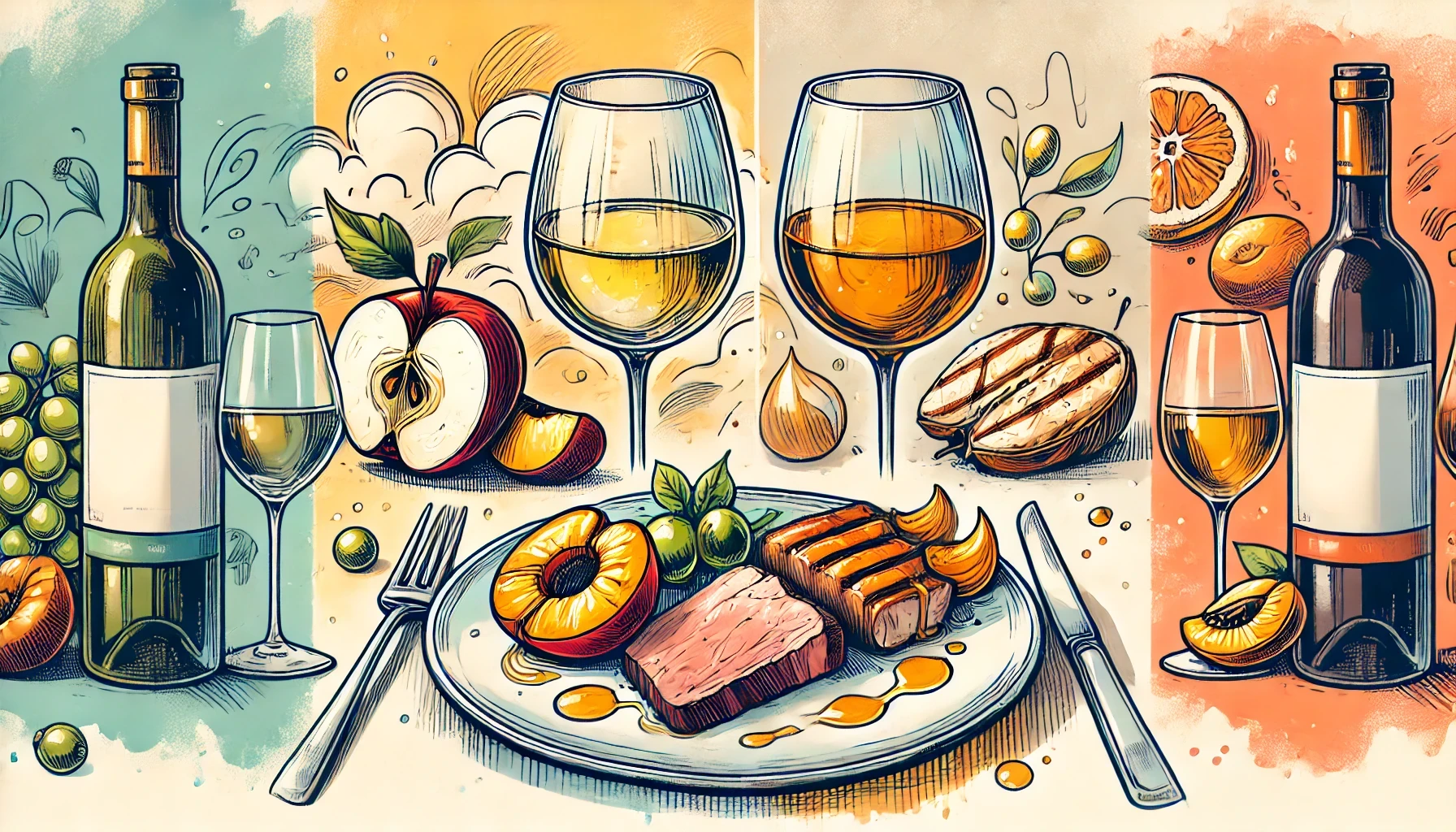 DALLE_2025-01-05_22_26_29_-_A_hand-drawn_cartoon-style_illustration_in_4_3_format_showing_the_pairing_of_fruity_wines_with_fruit-based_dishes__On_one_side_a_plate_of_roasted_por