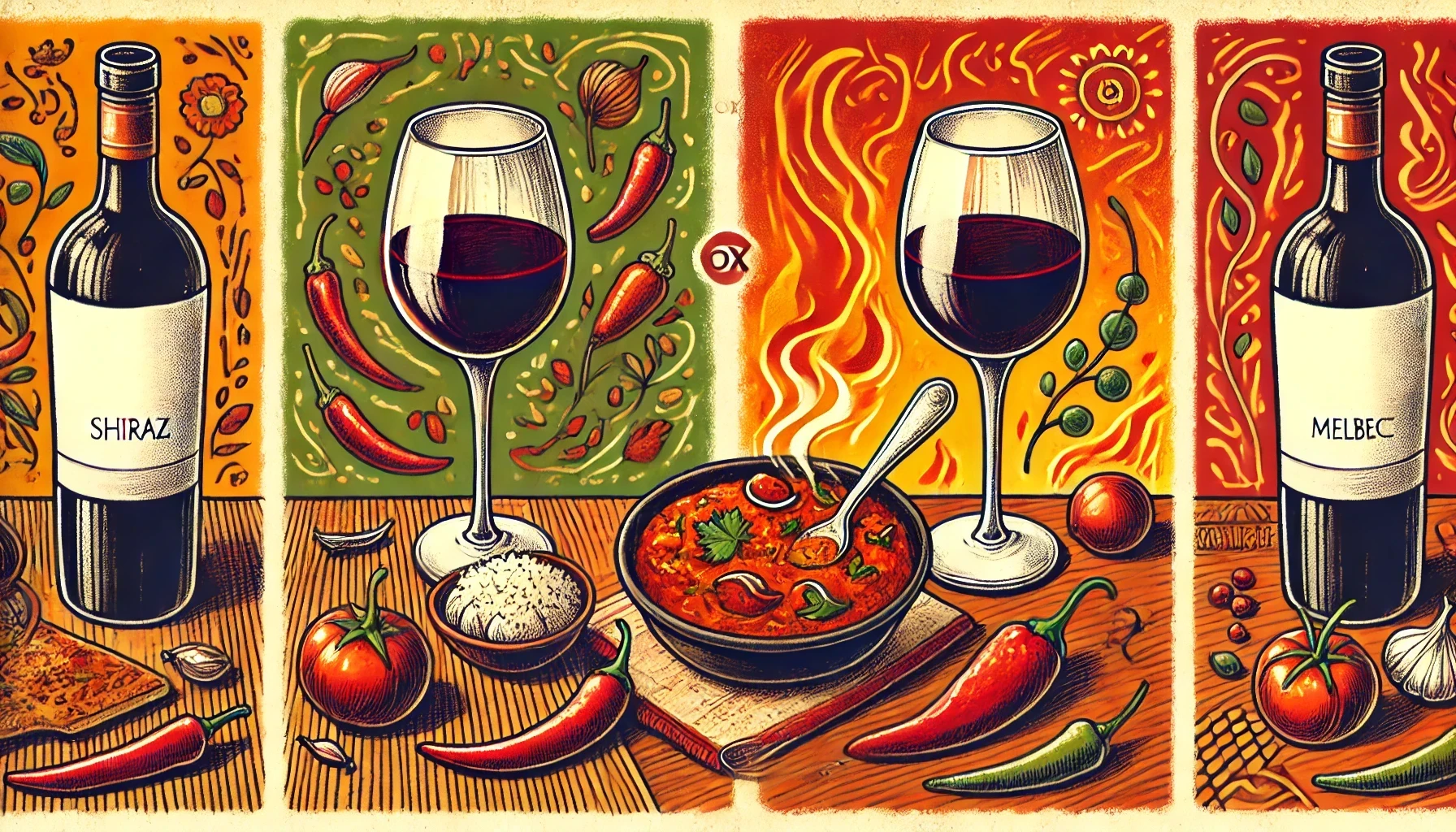 DALLE_2025-01-05_22_51_53_-_A_hand-drawn_cartoon-style_illustration_in_4_3_format_showcasing_the_pairing_of_spicy_dishes_with_bold_wines__On_one_side_a_bowl_of_rich_Indian_curry