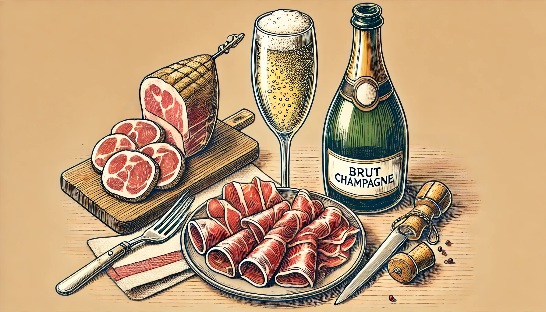 DALLE_2025-01-05_23_17_38_-_A_hand-drawn_cartoon-style_illustration_in_4_3_format_showcasing_the_pairing_of_fatty_foods_with_sparkling_wines__The_image_features_a_serving_of_pros
