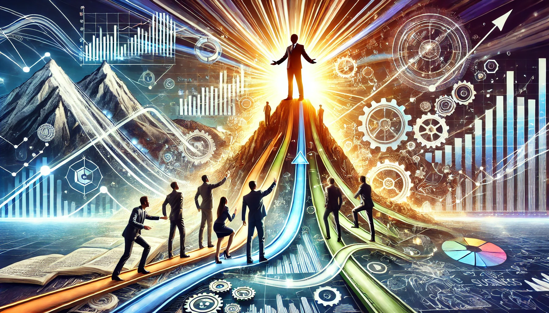 DALLE_2024-12-16_16_41_50_-_An_inspiring_illustration_symbolizing_Visionary_Leadership_and_Dynamic_Business_Models_for_Success__The_scene_depicts_a_confident_leader_standing_on