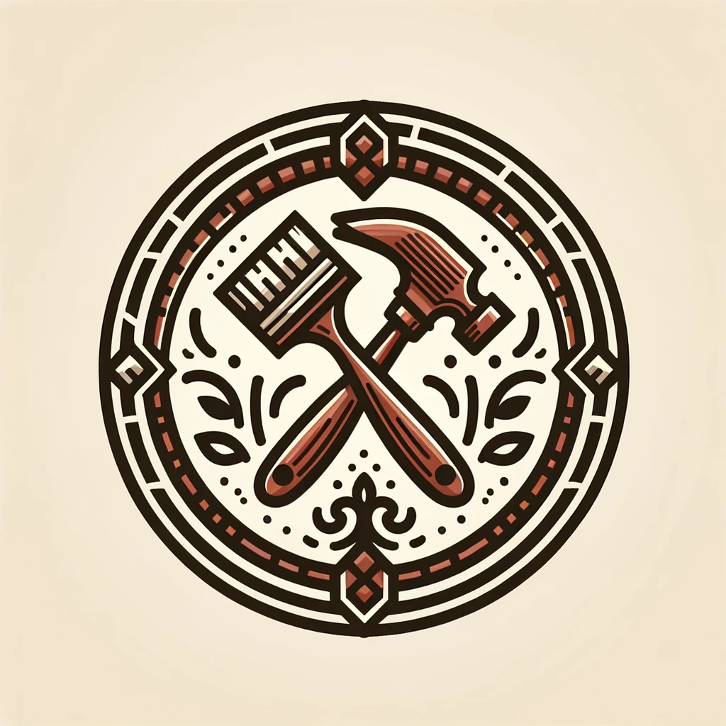 DALLE_2024-02-24_21.59.32_-_A_contour_emblem_design_featuring_a_paintbrush_and_a_hammer_crossed_in_an_X_shape_in_the_same_style_as_the_previous_designs_liked_by_the_user._The_em