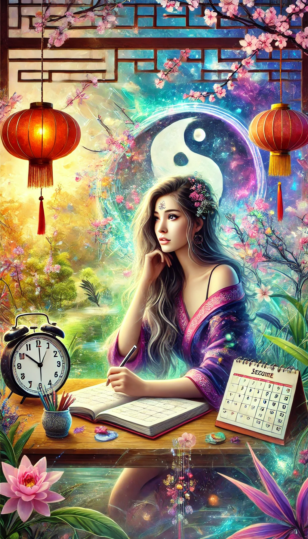 DALLE_2025-01-15_12_02_51_-_A_beautiful_young_woman_sitting_at_a_desk_surrounded_by_vibrant_nature_looking_thoughtfully_into_the_distance_as_she_plans_her_future_for_the_next_y