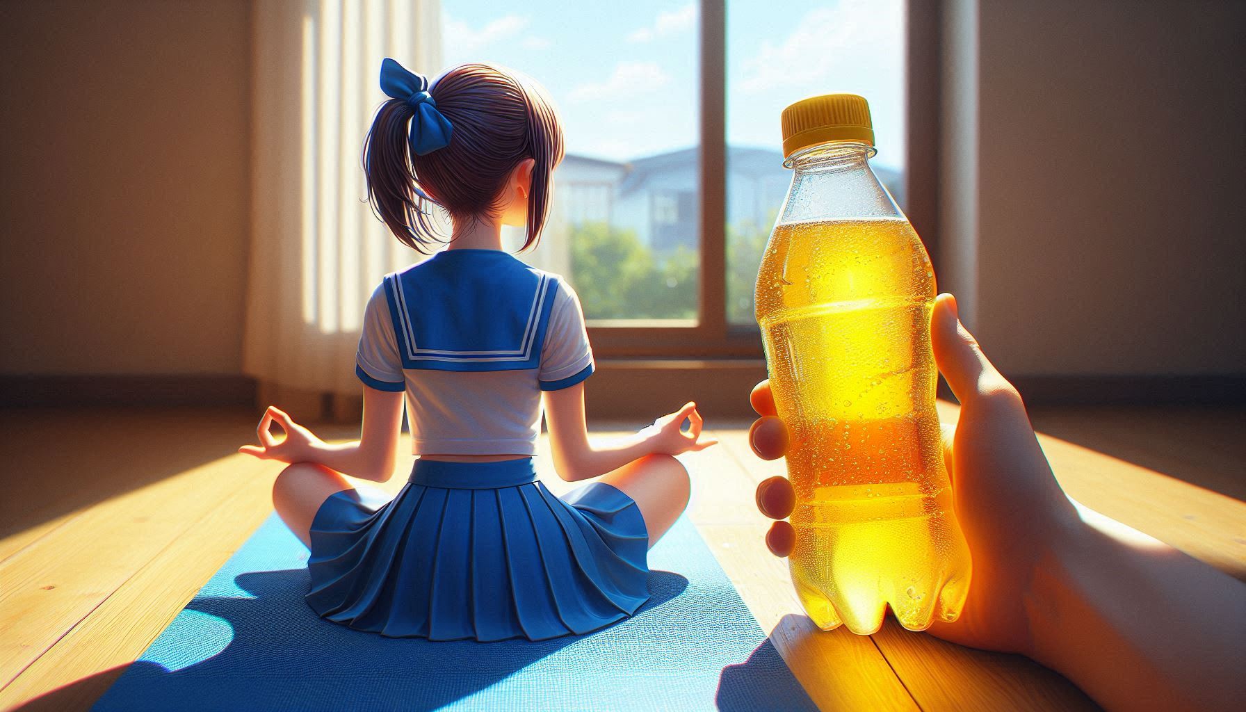 Divchina_v_sinii_formi_na_sinomu_kovriku_zaimatsya_iogoyu_pozadu_nei_stoit_stakan_z_zhovtoyu_gazovan