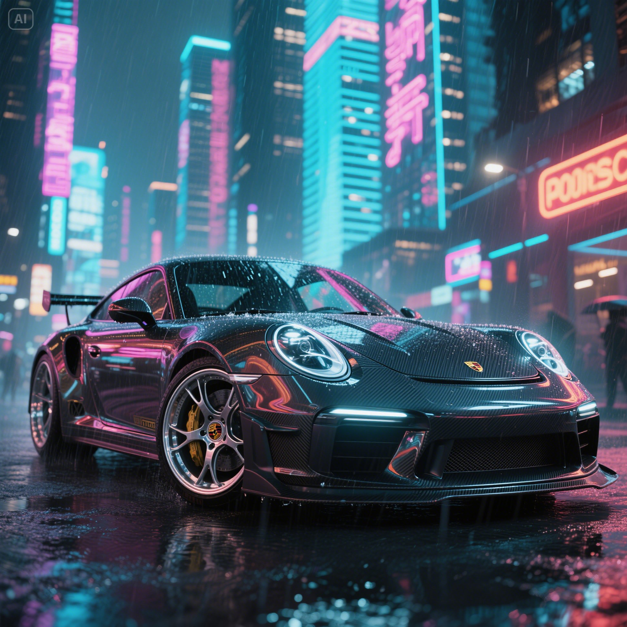 A_Porsche_911_with_full_body_kit_upgrade_polished_carbon_fiber_hood_chrome_wheels_sparkling_under____