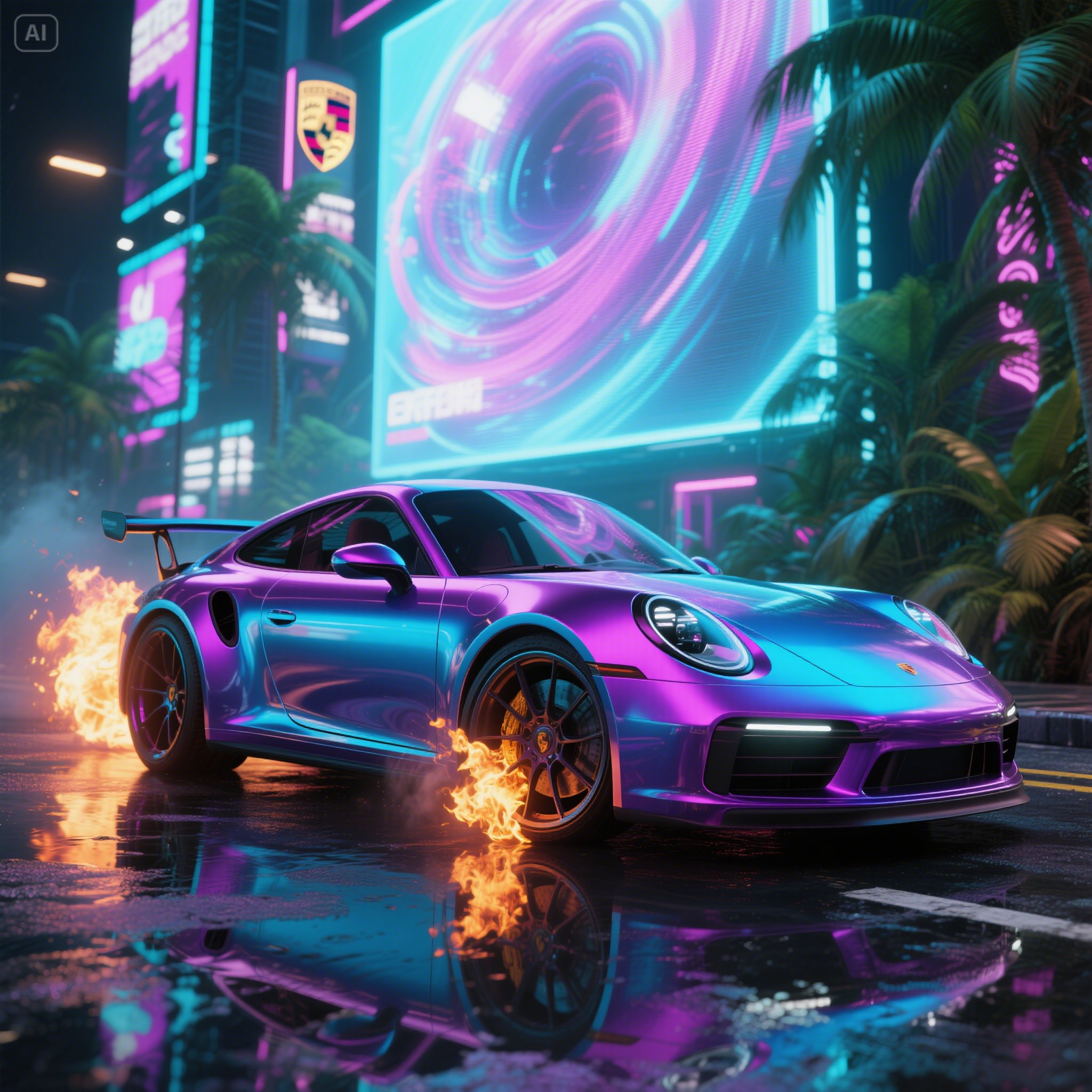 A_futuristic_Porsche_911_with_a_color-shifting_chrome_paint_from_purple_to_blue_exhaust_flames_shoo___