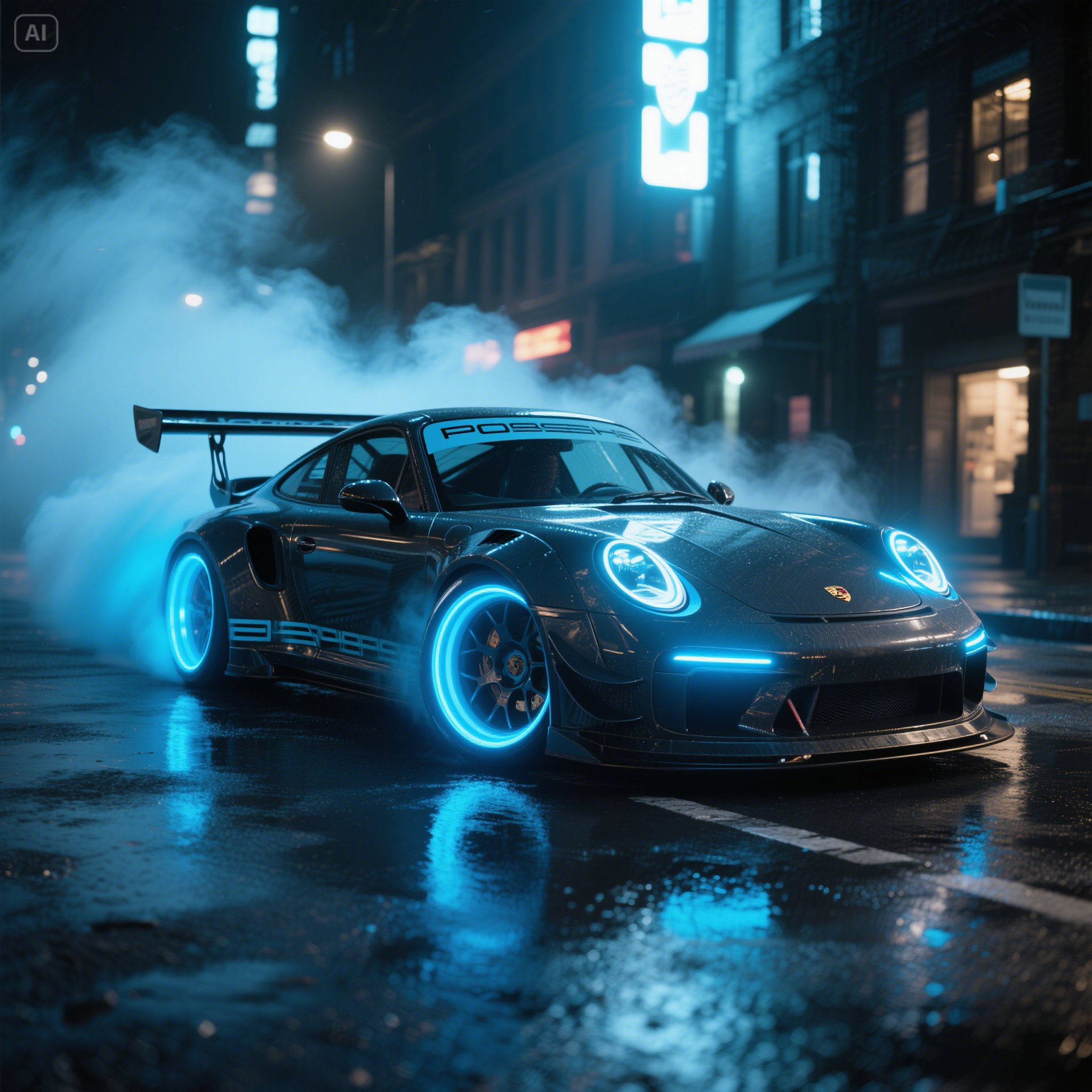 A_highly_modified_Porsche_911_with_wide_fenders_massive_rear_wing_bright_blue_neon_underglow_light____1