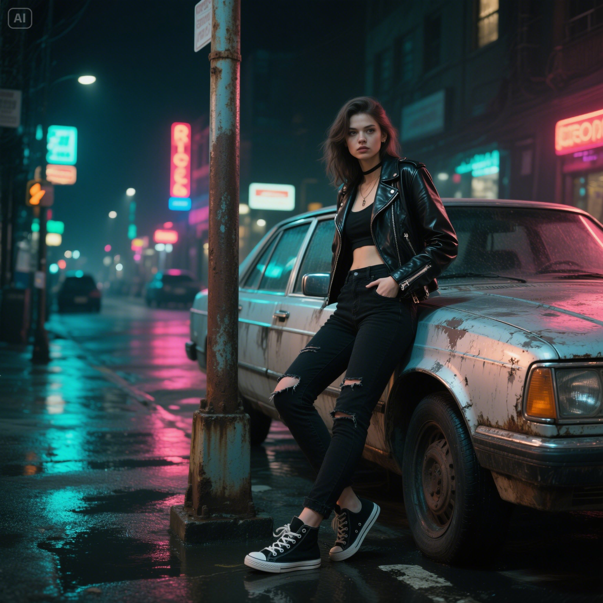 A_rebellious_woman_wearing_black_sneakers_ripped_black_jeans_and_a_basic_leather_jacket_leans_casu___