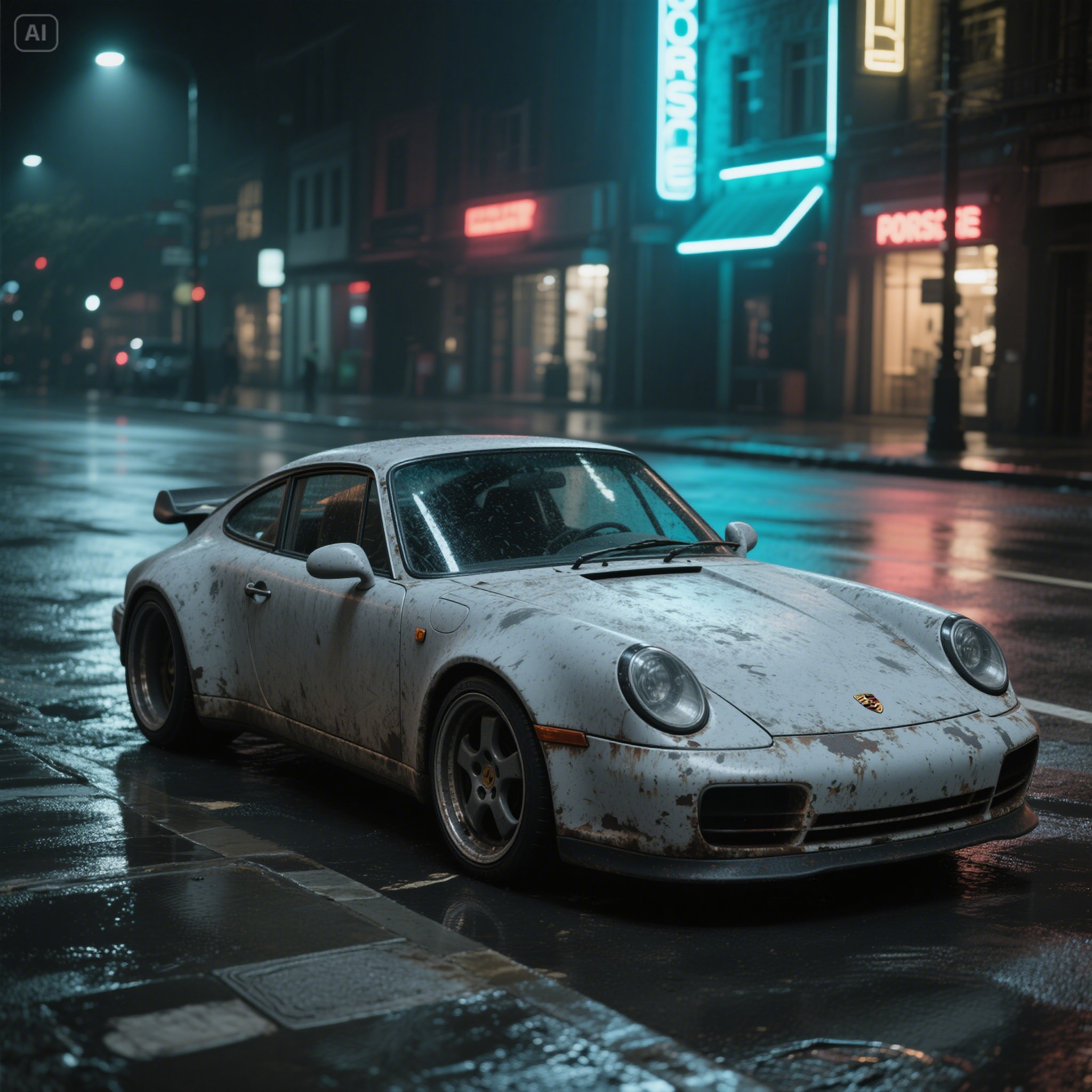 _A_dusty_grey_Porsche_911_faded_paint_rust_patches_parked_on_a_deserted_wet_neon_city_street_at____