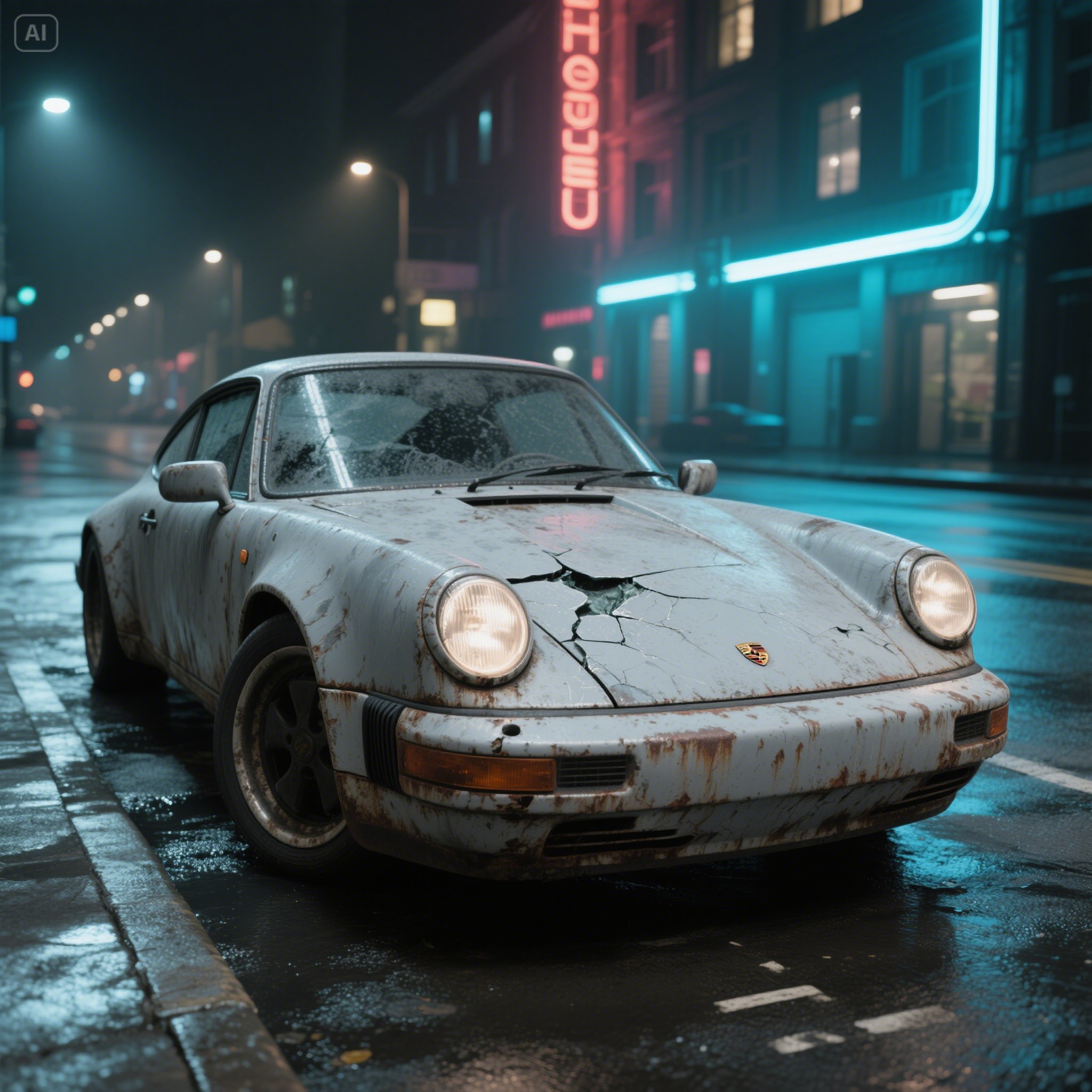 _A_worn-out_dusty_grey_Porsche_911_faded_paint_cracked_headlights_rust_patches_parked_on_a_deser___