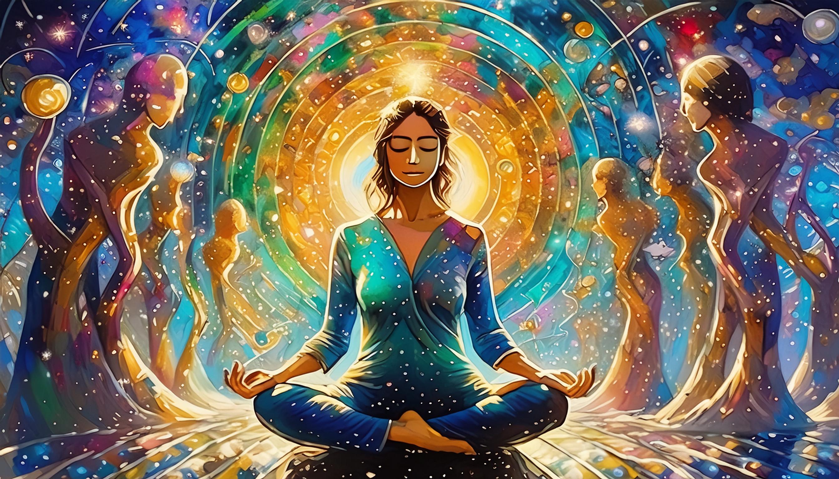 Firefly_A_white_woman_meditates_and_human_shadows_hang_behind_her