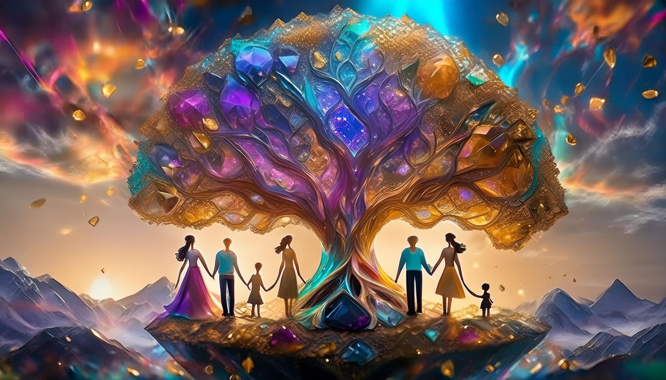 Firefly_Family_of_6_people_stand_around_the_big_family_tree_holding