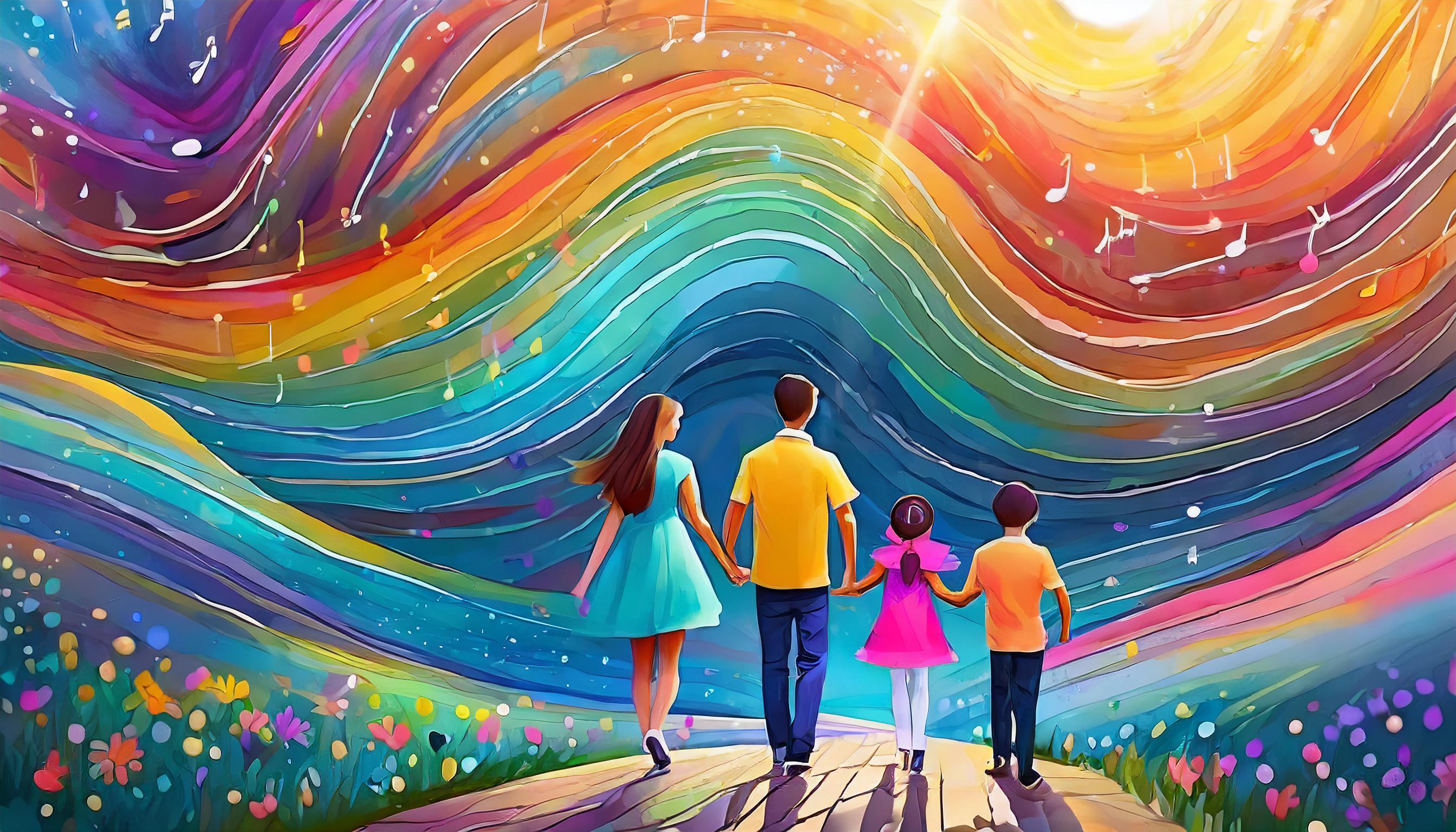 Firefly_Happy_family_with_kids_and_colorful_mental_waves_twirl_around_them_7857