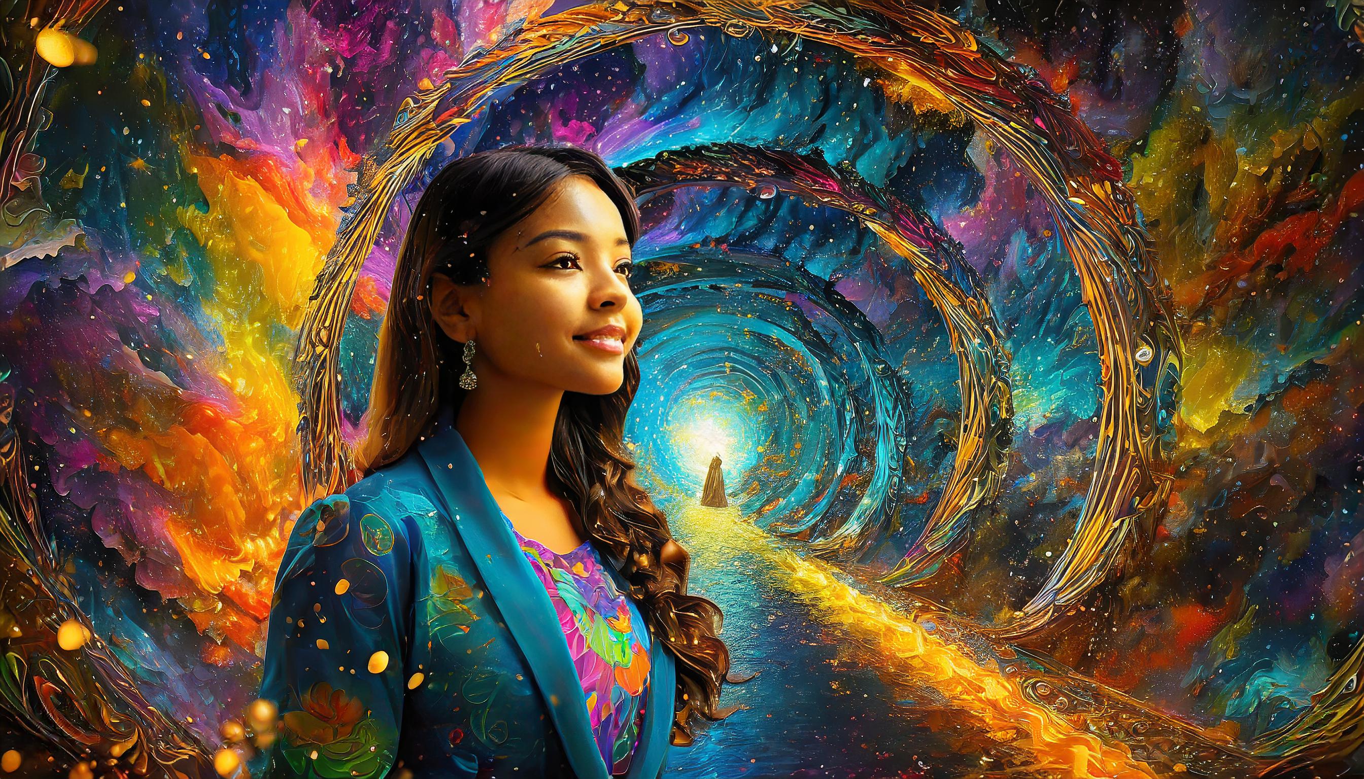 Firefly_Medium_shot_of_a_woman_standing_in_front_of_endless_tunnel