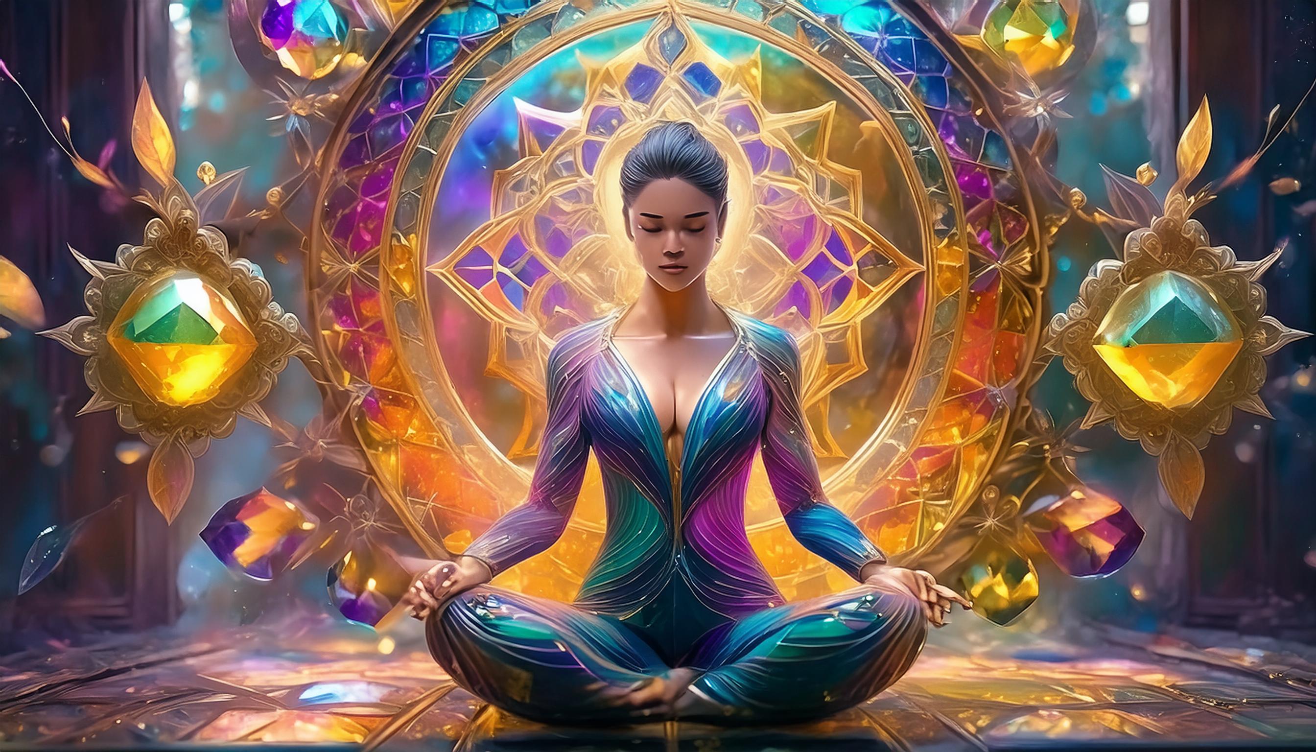 Firefly_White_woman_meditates_abstract_shadows_and_geometrical