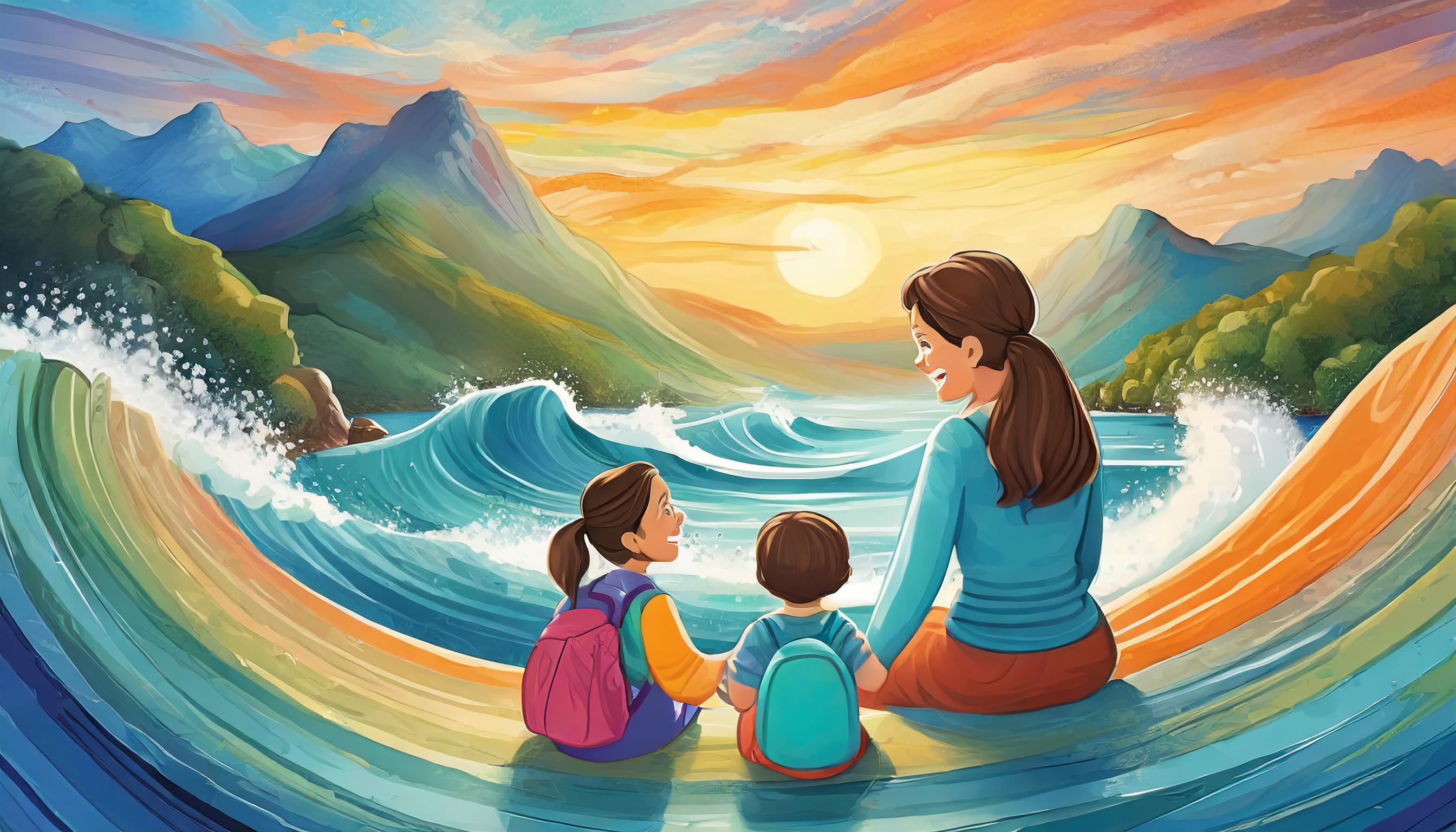 Firefly_mother_listens_to_her_kids_colorful_waves_flow_around_them