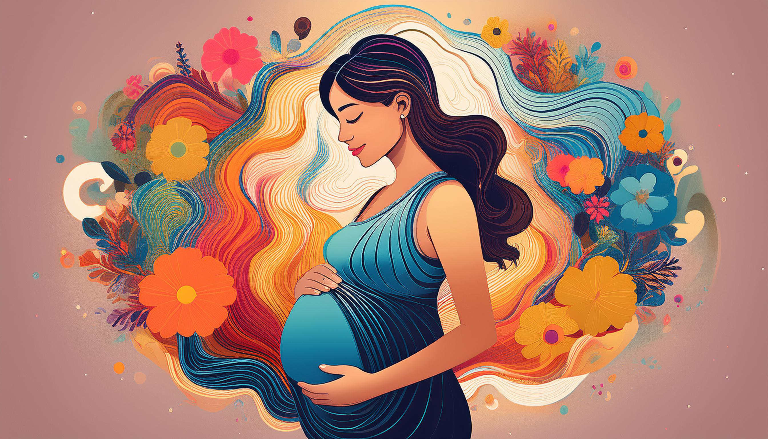 Firefly_pregnant_woman_with_a_baby_in_her_belly_surrounded_by_flowers_and_colored_mental_waves_39106