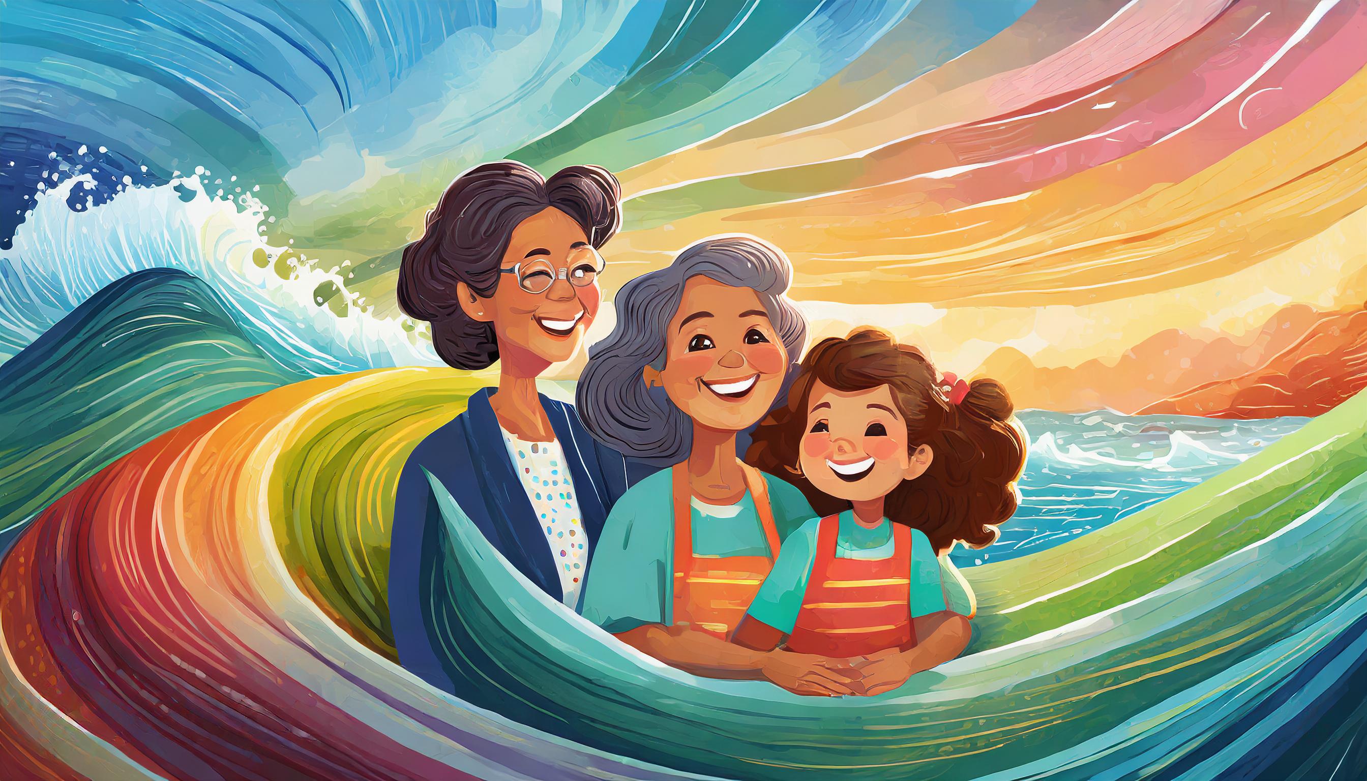 Firefly_woman_with_kid_mother_grandfather_colorful_waves_flow