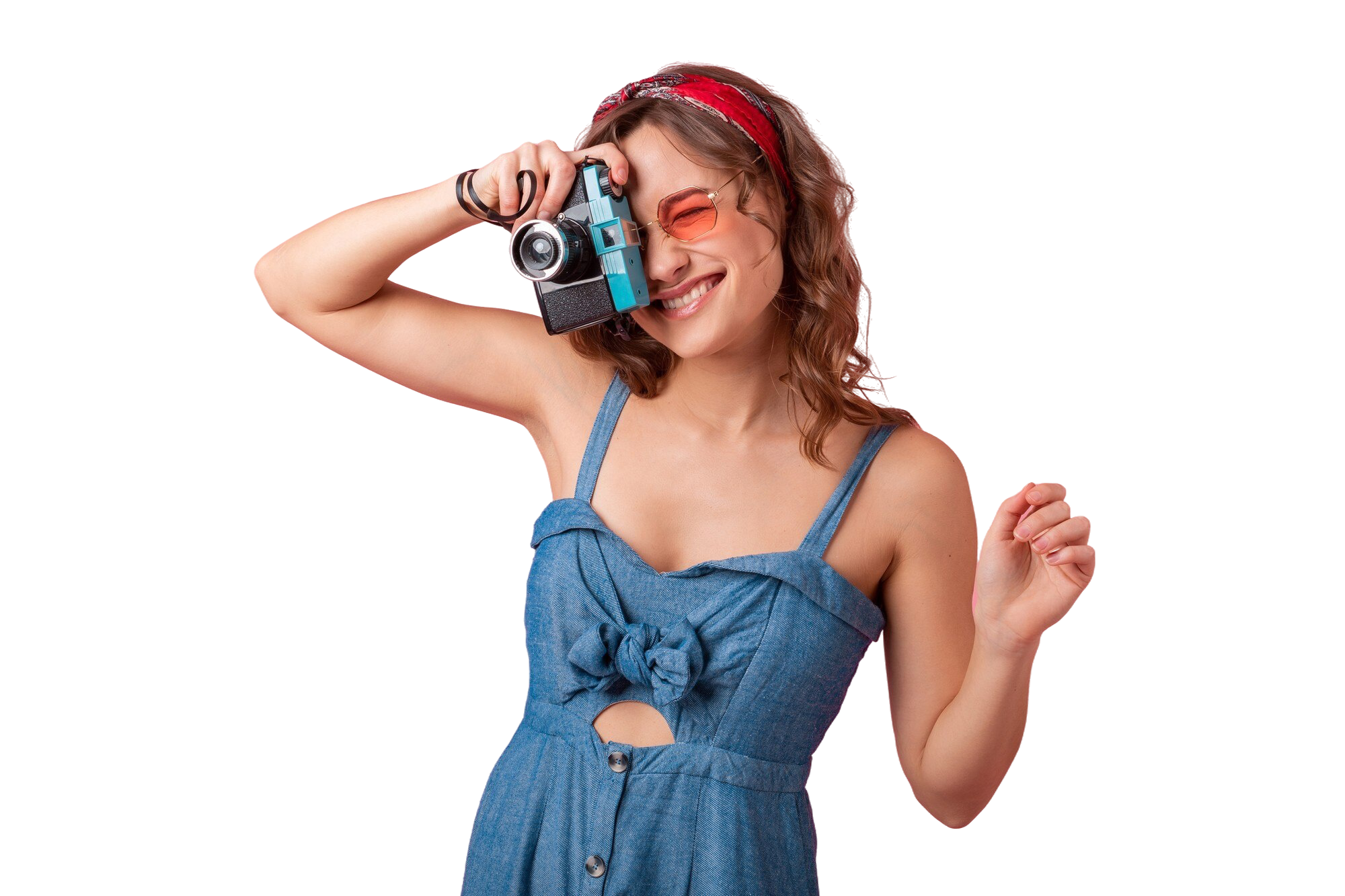 attractive-smiling-woman-taking-photo-vintage-camera-pointing-finger-up-wearing-denim-dress-sunglasses-isolated-pink-background