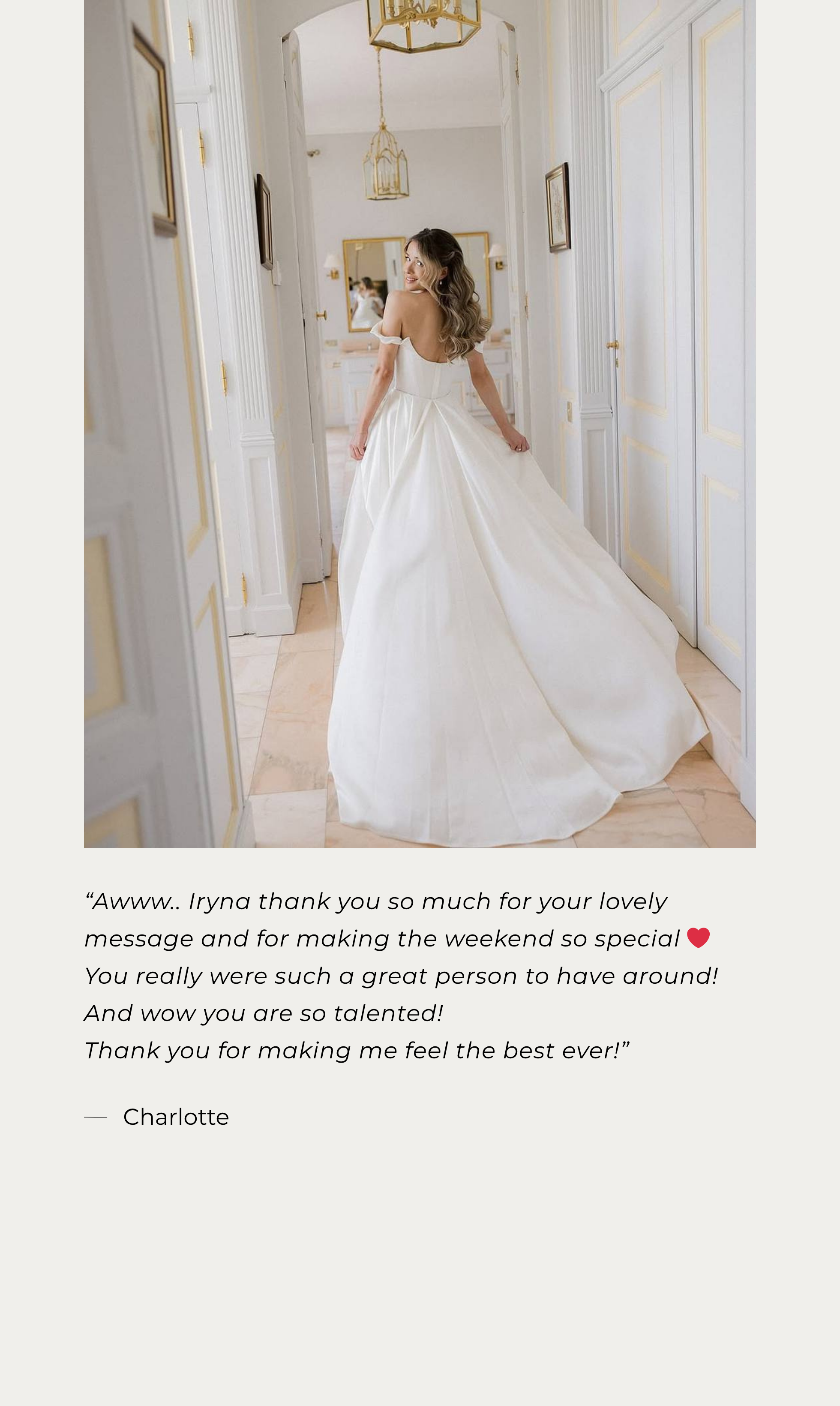 Testimonial from bride Charlotte about bridal hair styling by Iryna Pasechnik