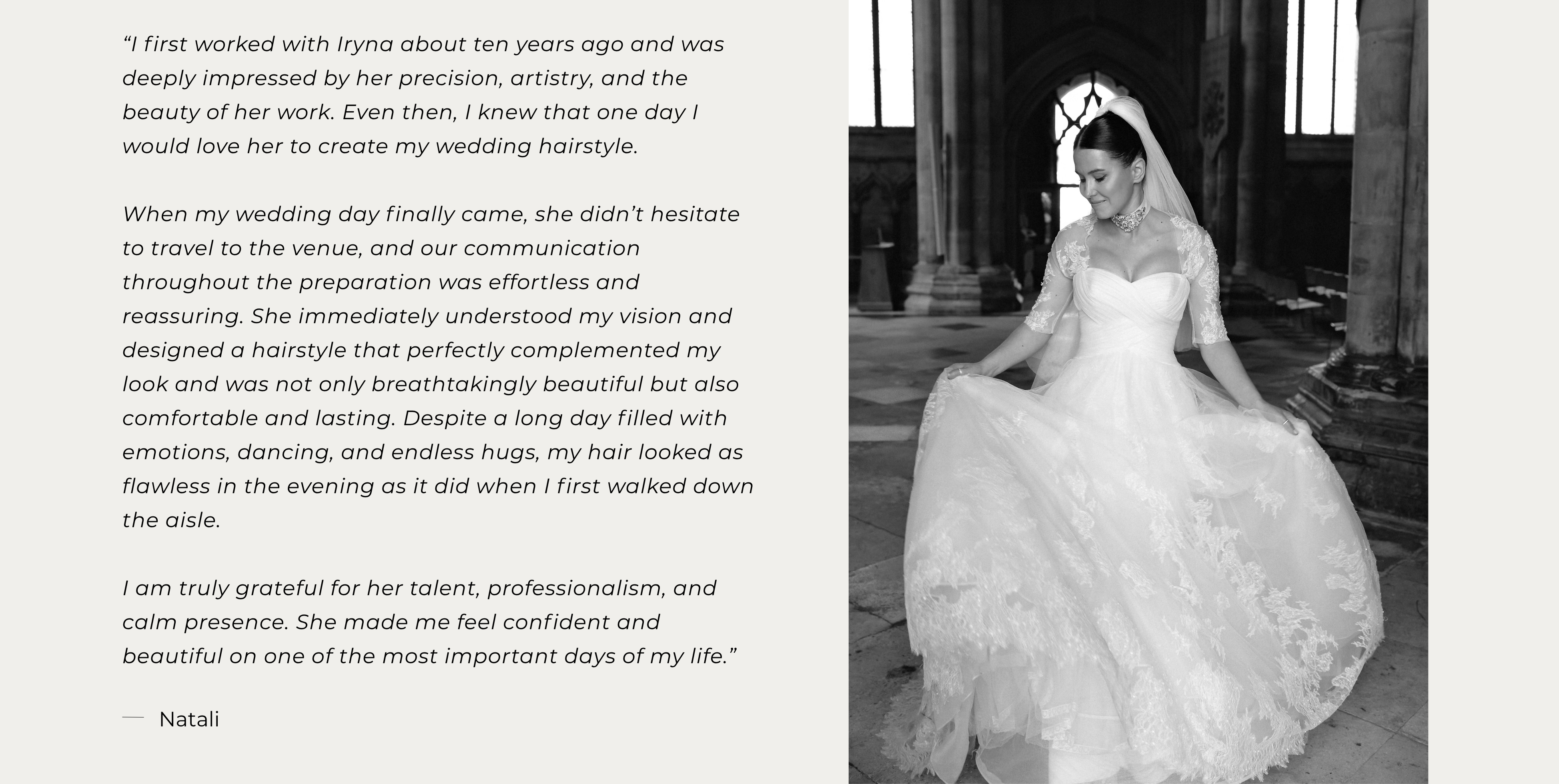 Testimonial from bride Natali about bridal hair styling by Iryna Pasechnik