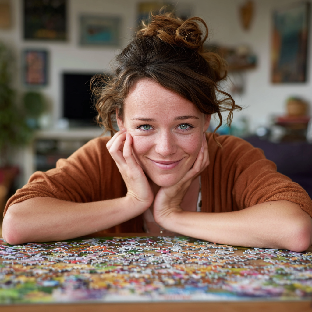 anka_87017_A_woman_doing_a_jigsaw_puzzle_looking_very_relaxed_a_58448568-a5f5-4e94-86ce-4b006e863011