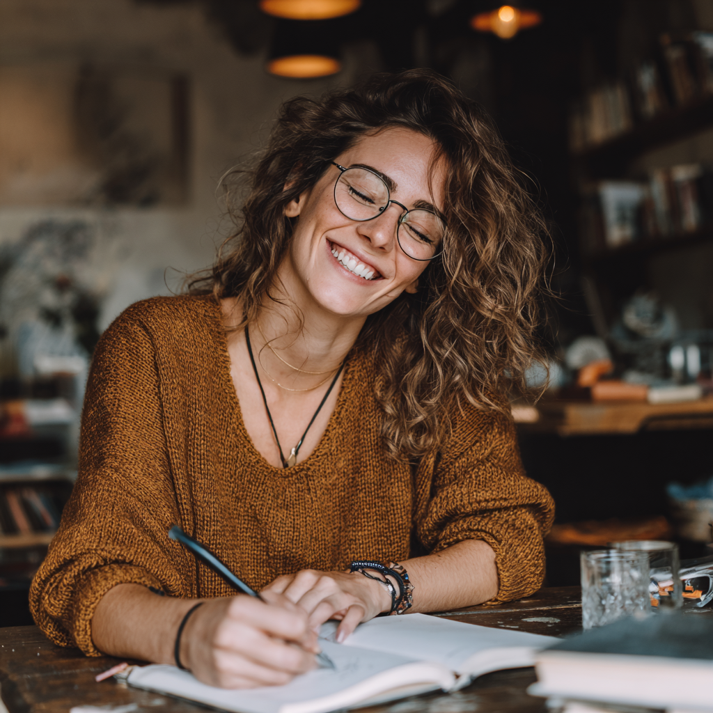 ninisdoo_Person_forcing_a_fake_smile_while_writing_in_gratitude_41f21816-2373-4e2d-8311-438a9cad69bc