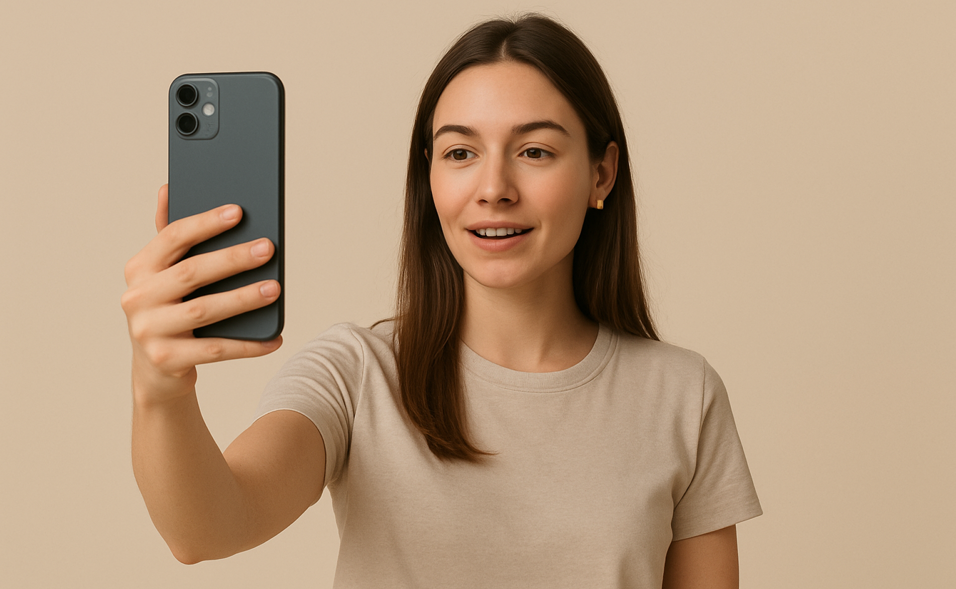 A_realistic_girl_filming_herself_on_a_smartphone_for_social_media__All_other_elements_including_the_background_stage_lighting_and_interior_details_should_be_flat_and_filled_with_solid_color_E8E7E4_with_no_visible_details_