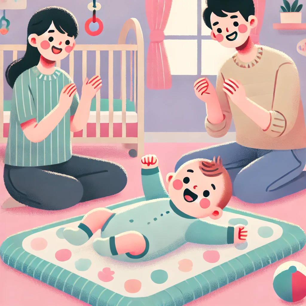 DALLE_2024-12-11_15_16_55_-_A_heartwarming_illustration_of_a_baby_successfully_rolling_over_on_a_soft_play_mat_surrounded_by_supportive_parents_cheering_with_joy__The_scene_is_s