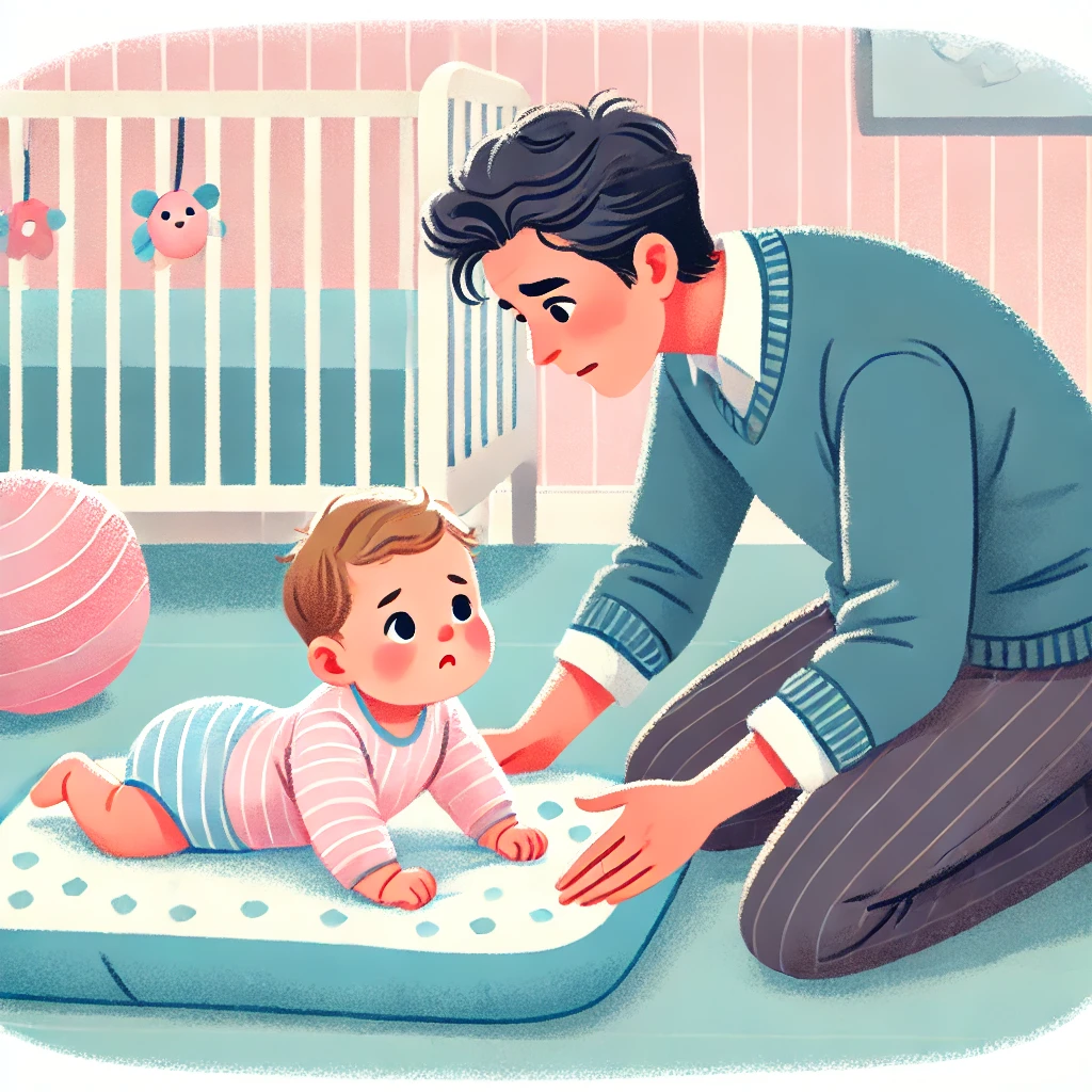 DALLE_2024-12-11_15_19_18_-_An_illustration_of_a_concerned_parent_observing_their_baby_struggling_to_roll_over_on_a_soft_play_mat__The_baby_looks_slightly_frustrated_and_the_par