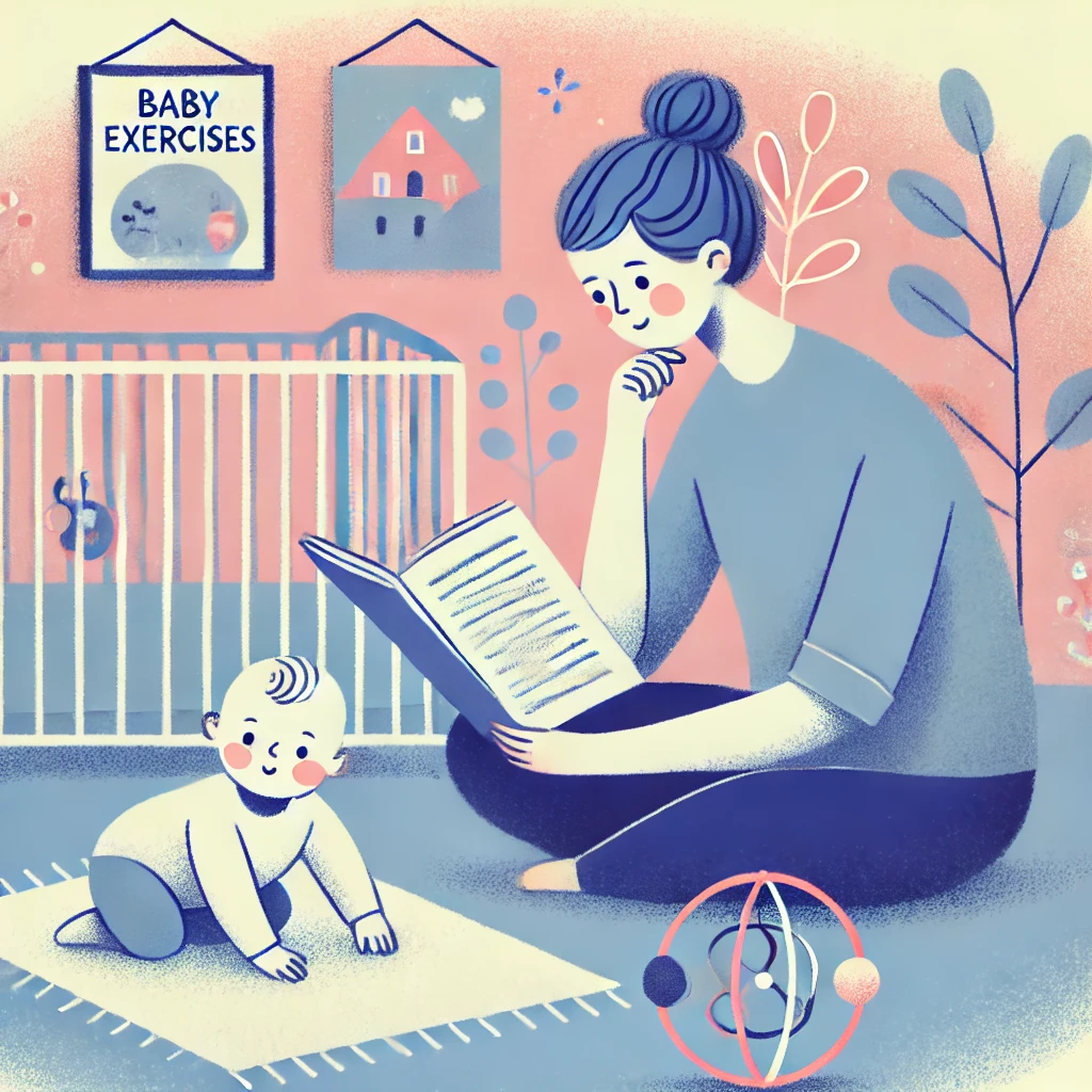 DALLE_2024-12-11_15_21_27_-_An_illustration_of_a_parent_thoughtfully_reading_a_guide_or_book_about_baby_exercises_while_their_baby_plays_on_a_soft_mat_nearby__The_parent_is_surr