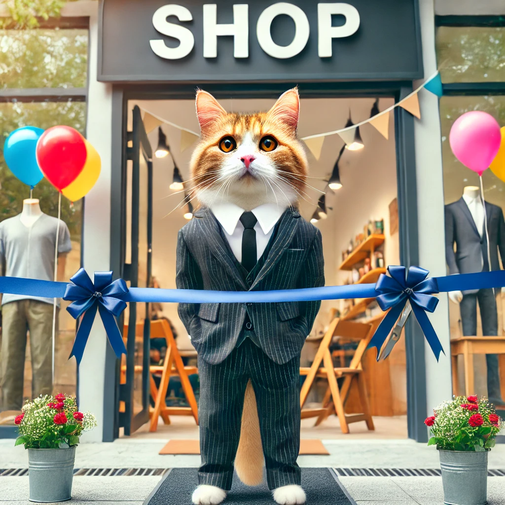 DALLE_2025-02-06_15_03_52_-_A_cat_in_a_business_suit_opening_a_new_shop__The_cat_stands_proudly_in_front_of_a_store_without_any_sign__The_scene_includes_festive_decorations_ball