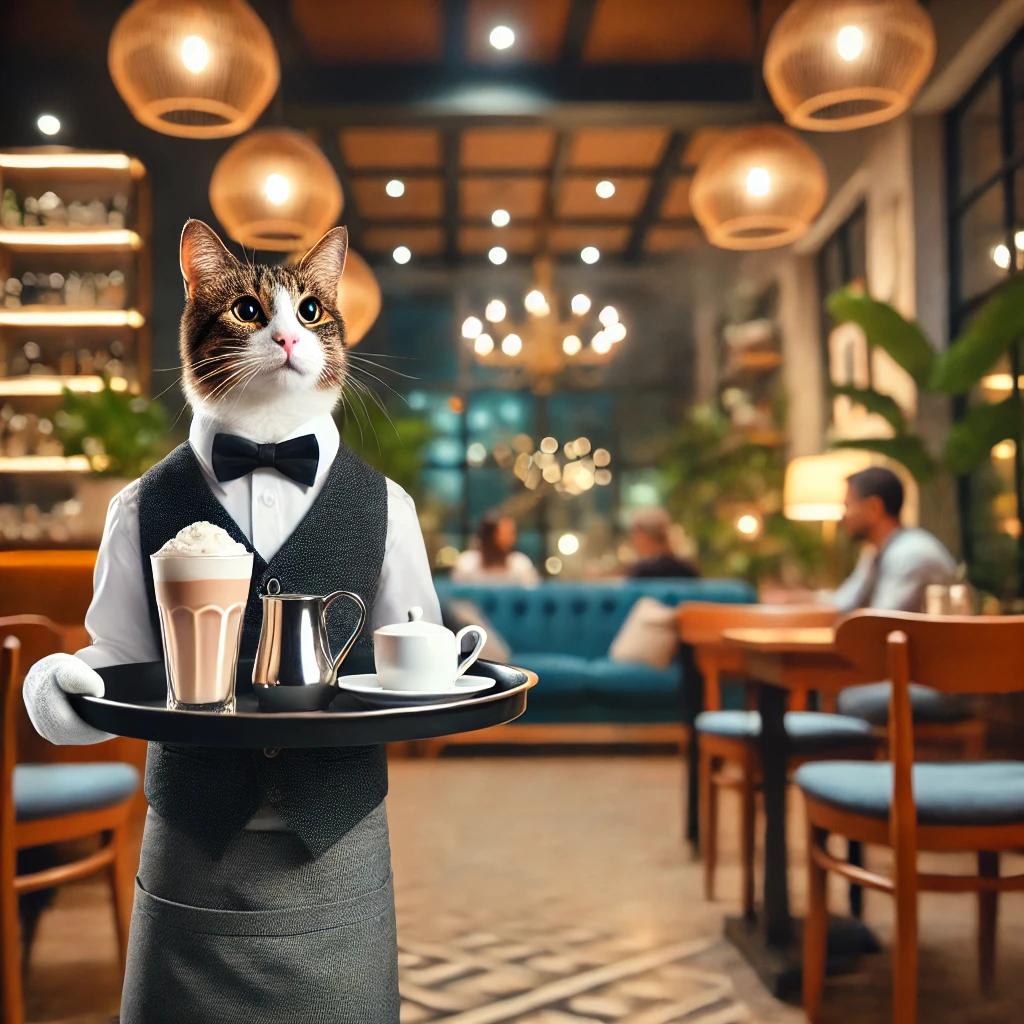 DALLE_2025-02-06_15_04_44_-_A_cat_working_in_the_HoReCa_industry__The_cat_is_dressed_as_a_waiter_in_a_stylish_restaurant_carrying_a_tray_with_drinks__The_background_features_a_c