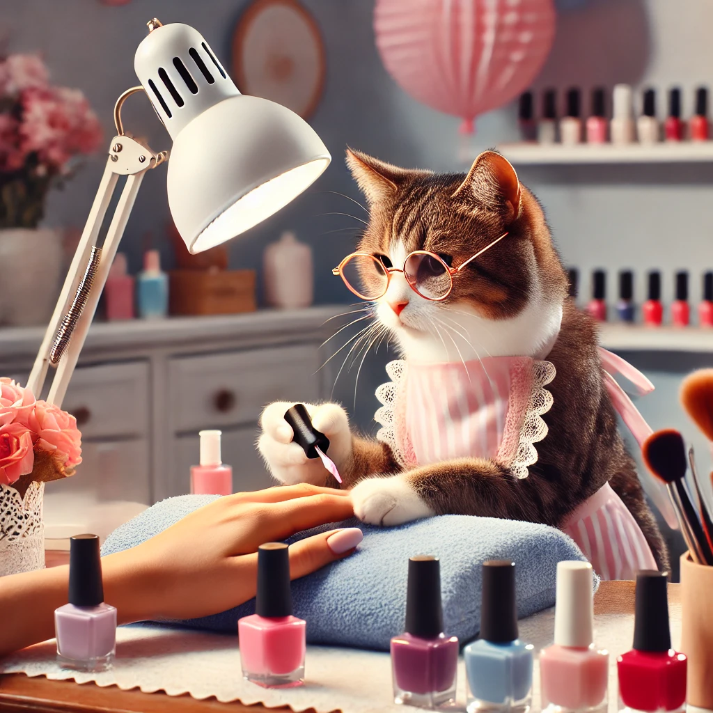 DALLE_2025-02-06_15_09_51_-_A_cat_working_as_a_professional_manicurist__The_cat_is_sitting_at_a_nail_salon_table_wearing_a_small_apron_and_glasses_carefully_painting_a_clients