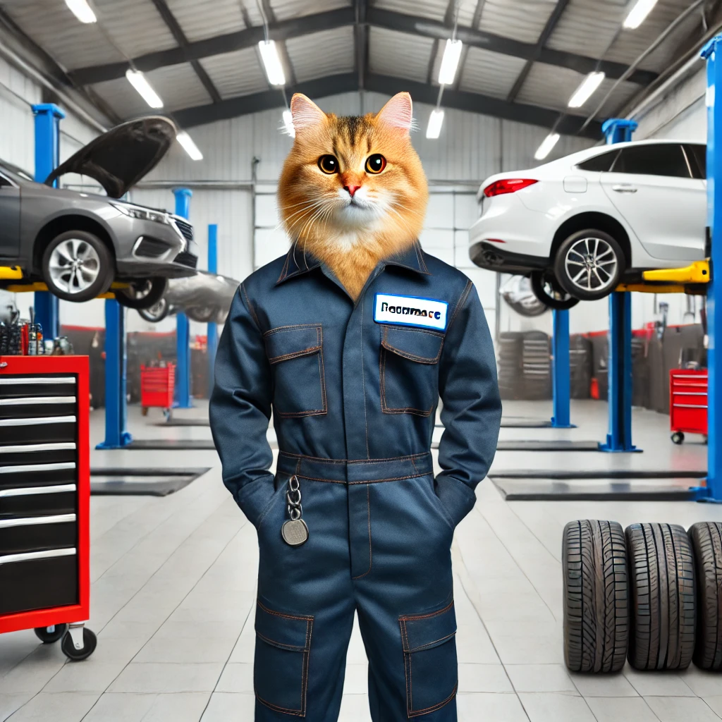DALLE_2025-02-06_15_15_51_-_A_cat_as_the_owner_of_an_auto_repair_shop__The_cat_is_wearing_a_mechanics_uniform_with_a_name_tag_standing_confidently_in_a_garage__The_background_i