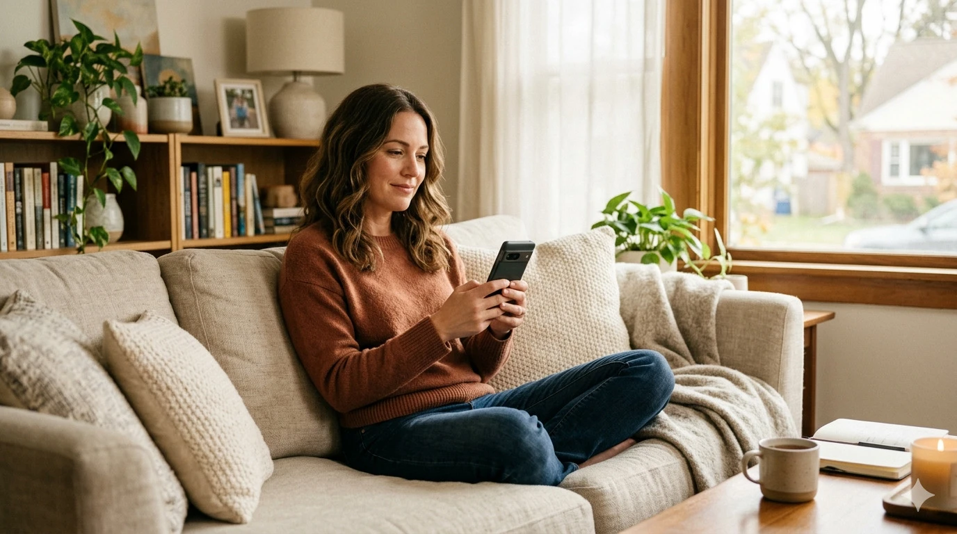 Woman relaxed at home watching Instagram Stories on her phone