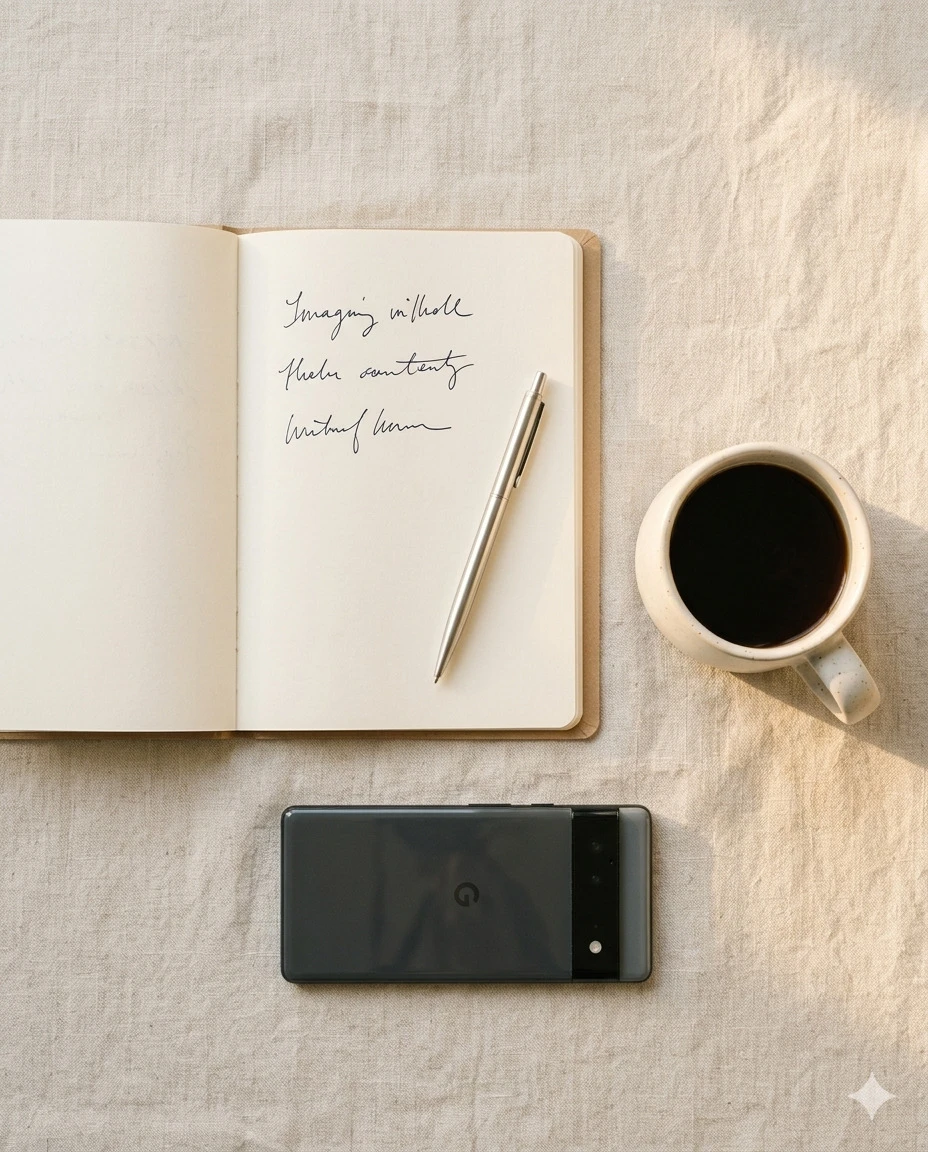 Open notebook with a simple three-line story outline beside a phone and a coffee mug
