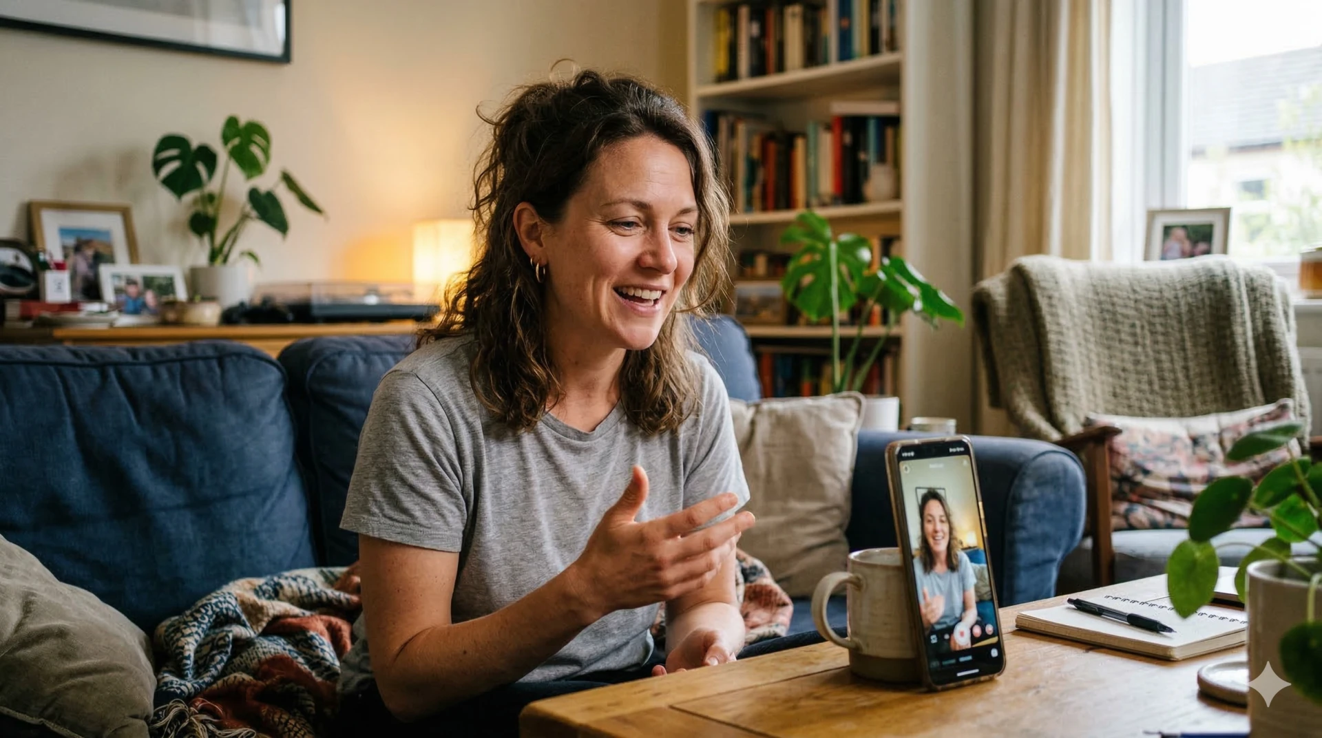 Woman filming a relaxed, natural Instagram Story at home — phone propped up, warm light, authentic feel