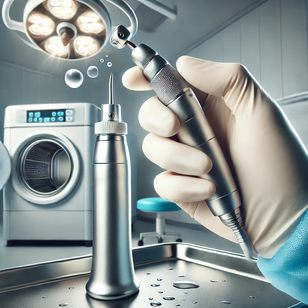 DALLE_2025-02-13_12_10_42_-_A_high-resolution_image_of_a_dental_handpiece_being_carefully_cleaned_and_sterilized__A_gloved_hand_holds_the_instrument_while_applying_disinfectant__