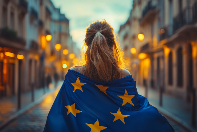 small-a-young-woman-with-a-european-flag-on-her-back-against-the-background-of-a-city-street-at-sunset
